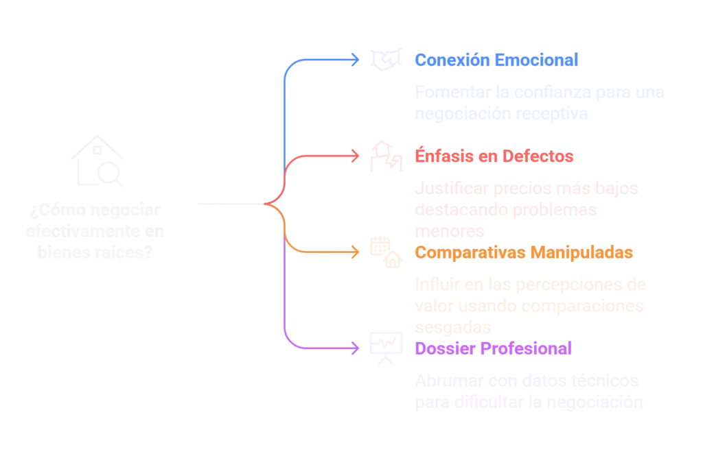 Técnicas de persuasión inmobiliaria: conexión emocional, énfasis en defectos, comparativas manipuladas y dossier profesional