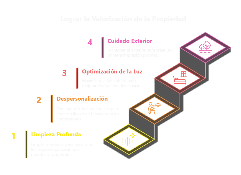 Escalera visual de 4 pasos para valorizar una vivienda: limpieza, despersonalización, optimización de luz y cuidado exterior.