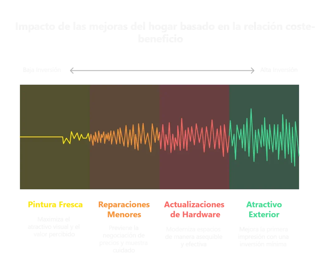 Gráfico de ondas que ilustra la relación coste-beneficio de diferentes mejoras inmobiliarias: pintura, reparaciones, hardware y exterior.