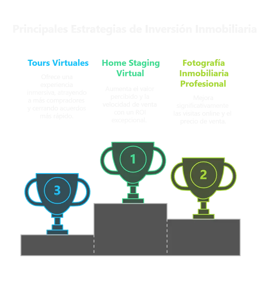Podio que muestra las tres mejores estrategias de inversión inmobiliaria: Home Staging Virtual, Fotografía Profesional y Tours Virtuales 360°.