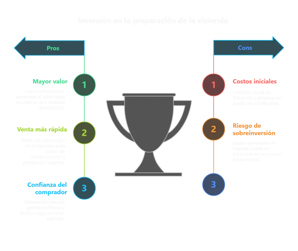 Diagrama comparativo de pros y contras de invertir en la preparación profesional de una vivienda para su venta en el mercado inmobiliario.