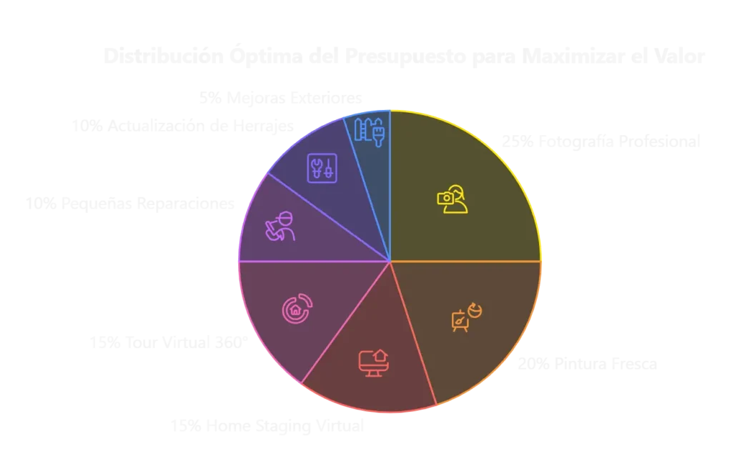 Gráfico circular mostrando la distribución óptima del presupuesto inmobiliario con porcentajes asignados a diferentes mejoras pre-venta.