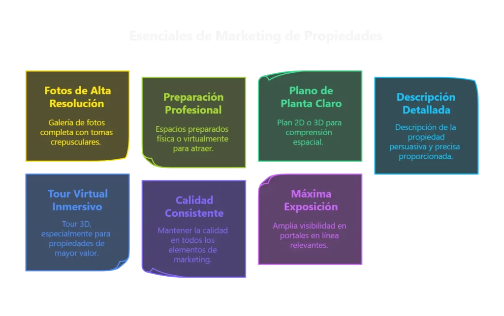 Infografía que muestra los 7 elementos esenciales del marketing inmobiliario: fotografía, preparación, planos, descripción, tour virtual, calidad y exposición.