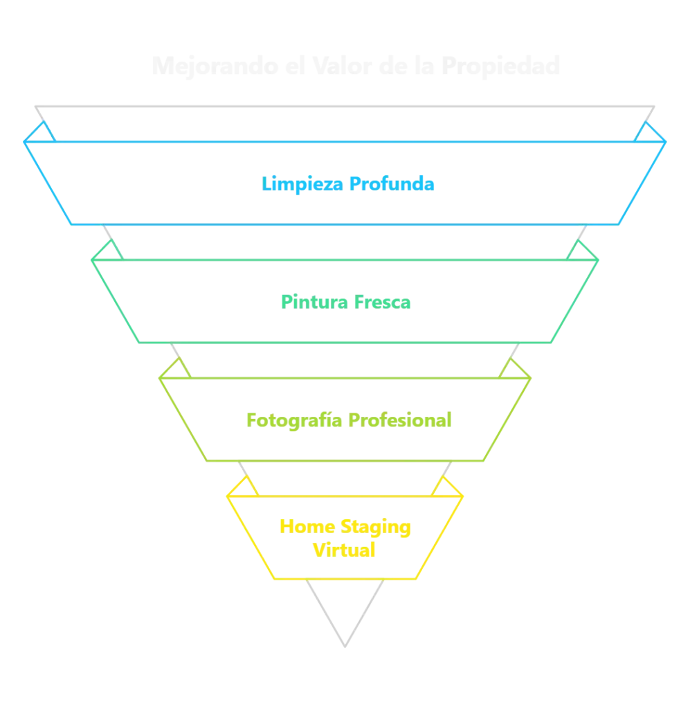 Pirámide que muestra la jerarquía de mejoras inmobiliarias desde la limpieza profunda hasta el home staging virtual.